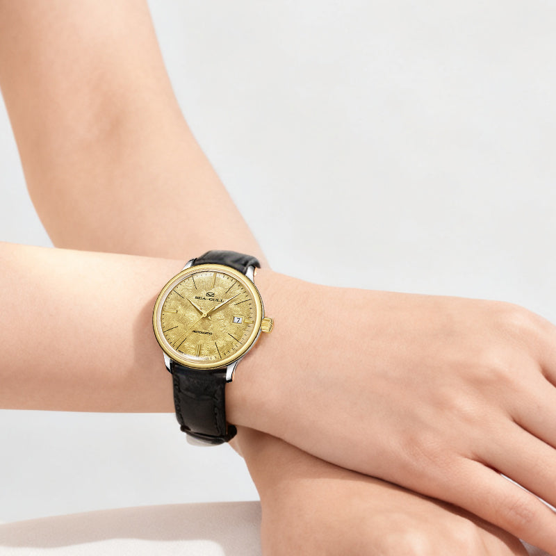 Seagull 18K Gold Textured Dial 9mm Thick Case Calendar Couple Watch 42mm/36mm