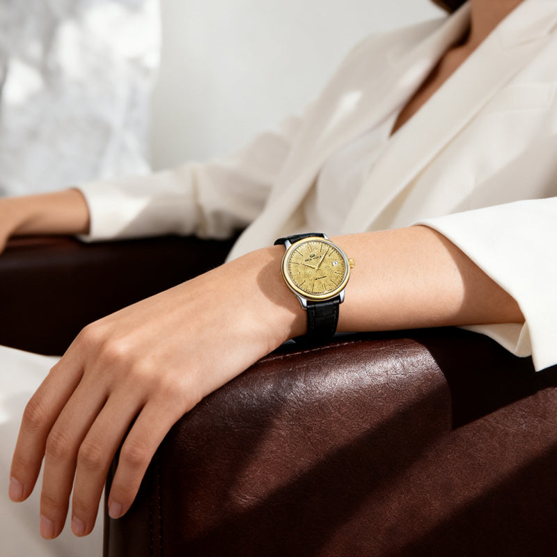 Seagull 18K Gold Textured Dial 9mm Thick Case Calendar Couple Watch 42mm/36mm