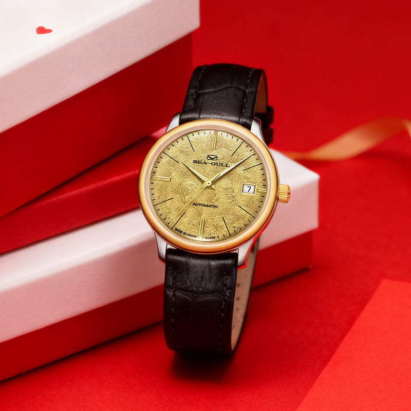 Seagull 18K Gold Textured Dial 9mm Thick Case Calendar Couple Watch 42mm/36mm