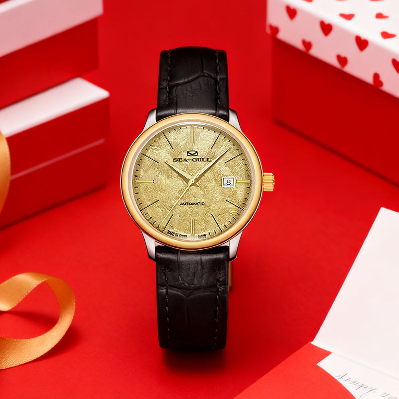 Seagull 18K Gold Textured Dial 9mm Thick Case Calendar Couple Watch 42mm/36mm