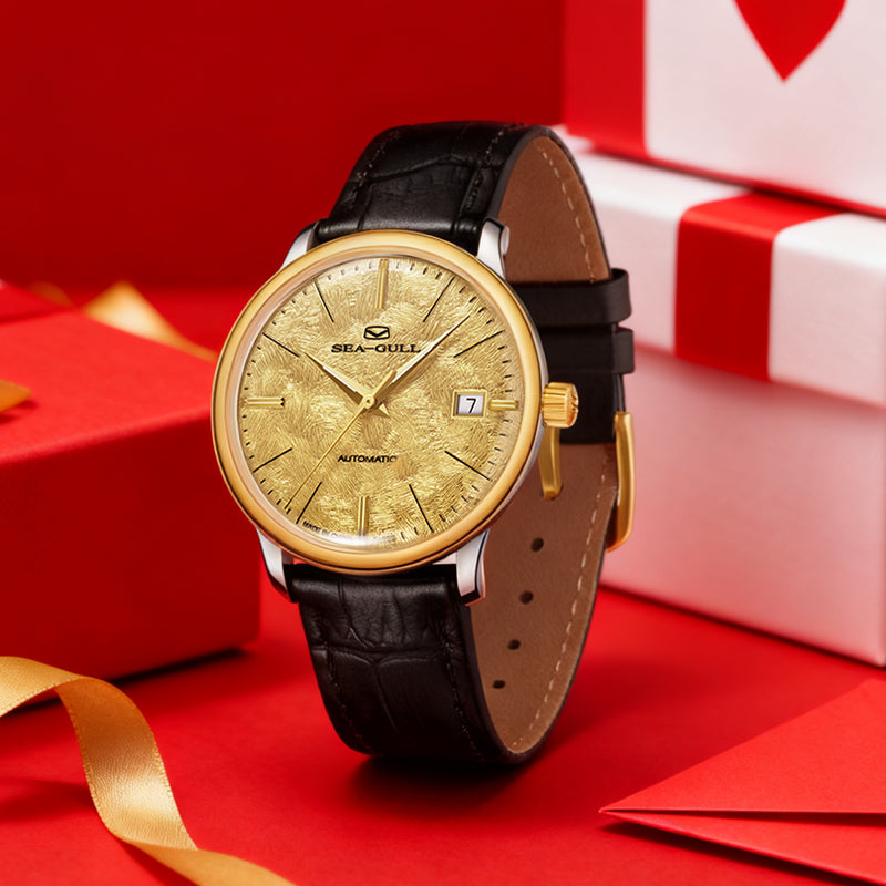 Seagull 18K Gold Textured Dial 9mm Thick Case Calendar Couple Watch 42mm/36mm