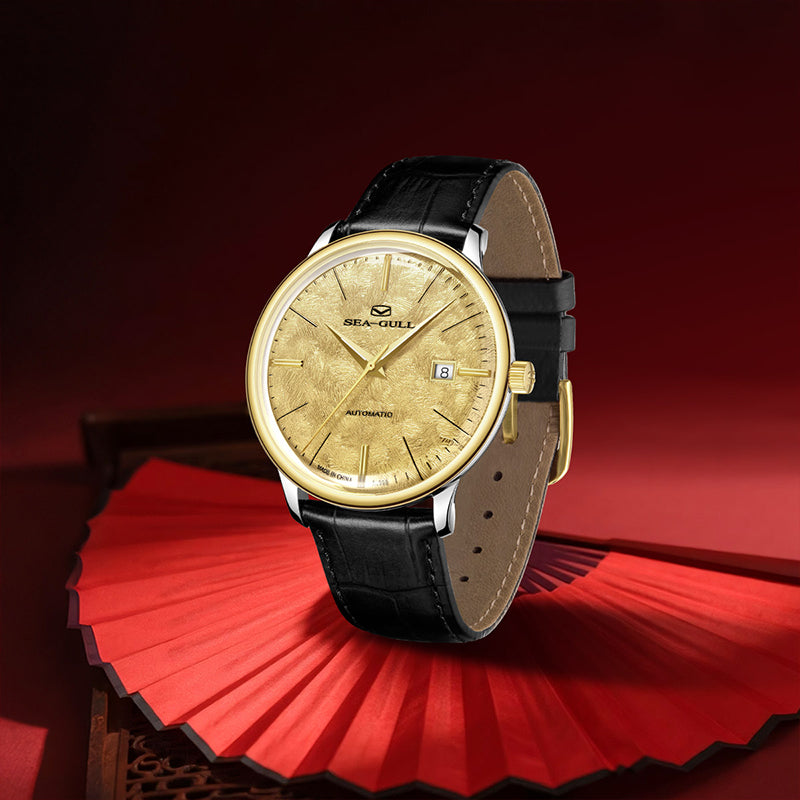 Seagull 18K Gold Textured Dial 9mm Thick Case Calendar Couple Watch 42mm/36mm