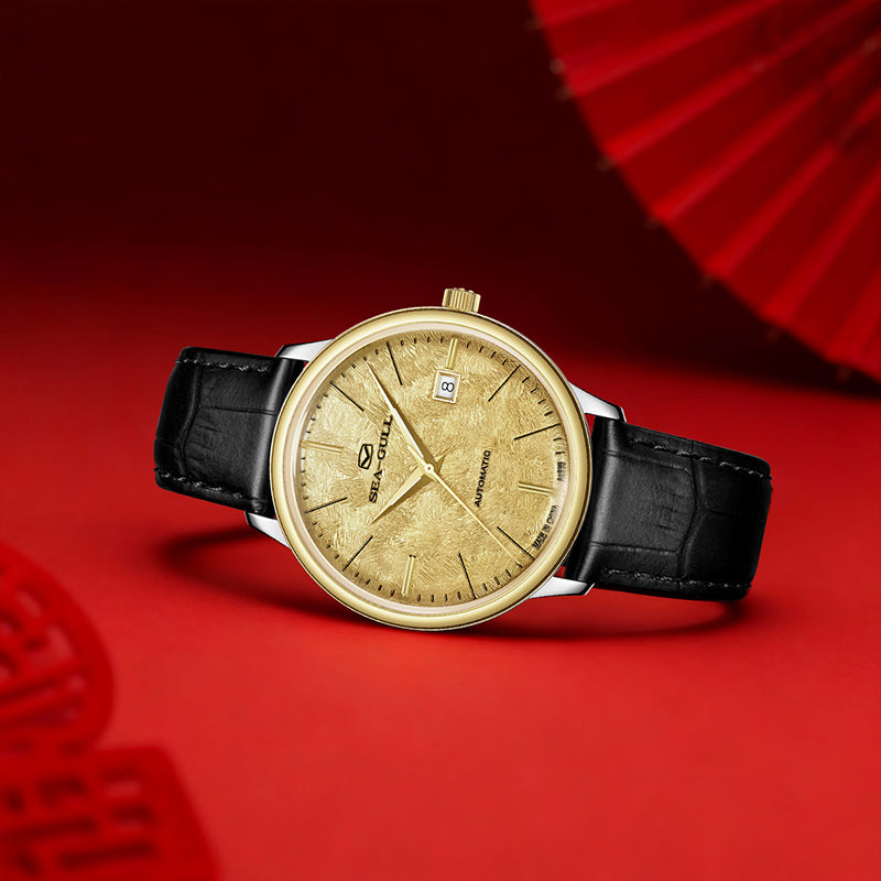 Seagull 18K Gold Textured Dial 9mm Thick Case Calendar Couple Watch 42mm/36mm