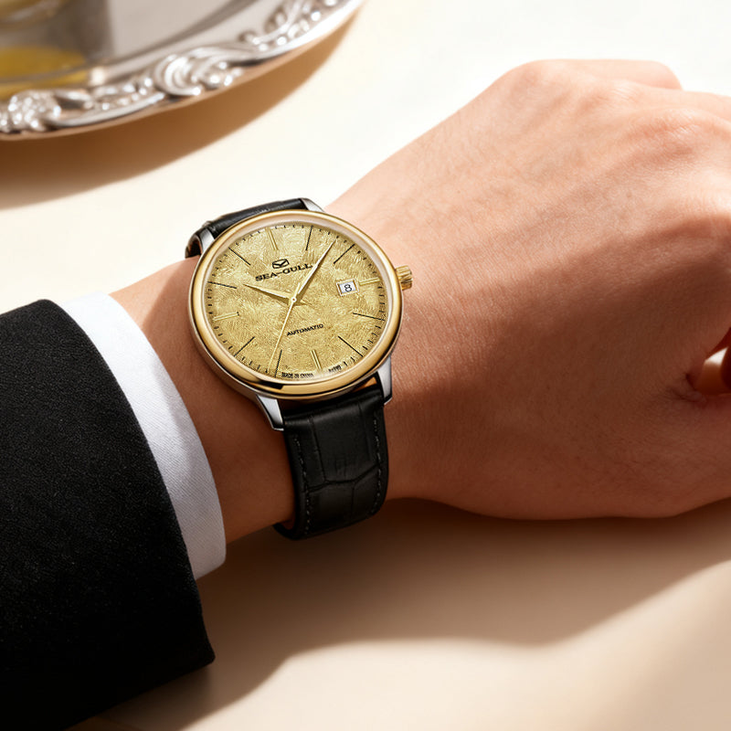 Seagull 18K Gold Textured Dial 9mm Thick Case Calendar Couple Watch 42mm/36mm