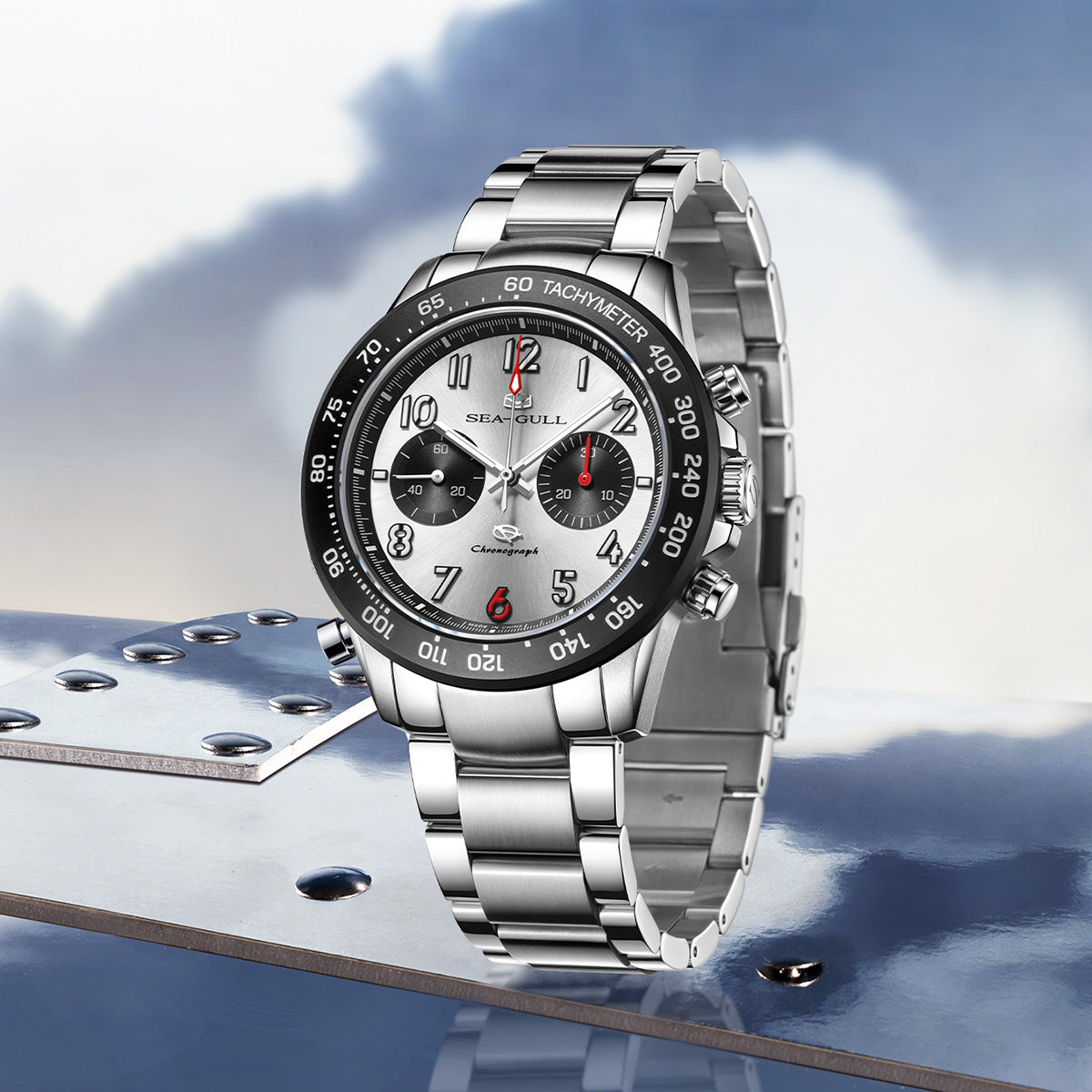 Seagull Panda Eye Dial Tachymeter Chronograph Watch 44mm