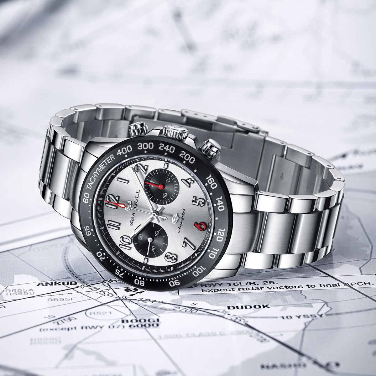 Seagull Panda Eye Dial Tachymeter Chronograph Watch 44mm