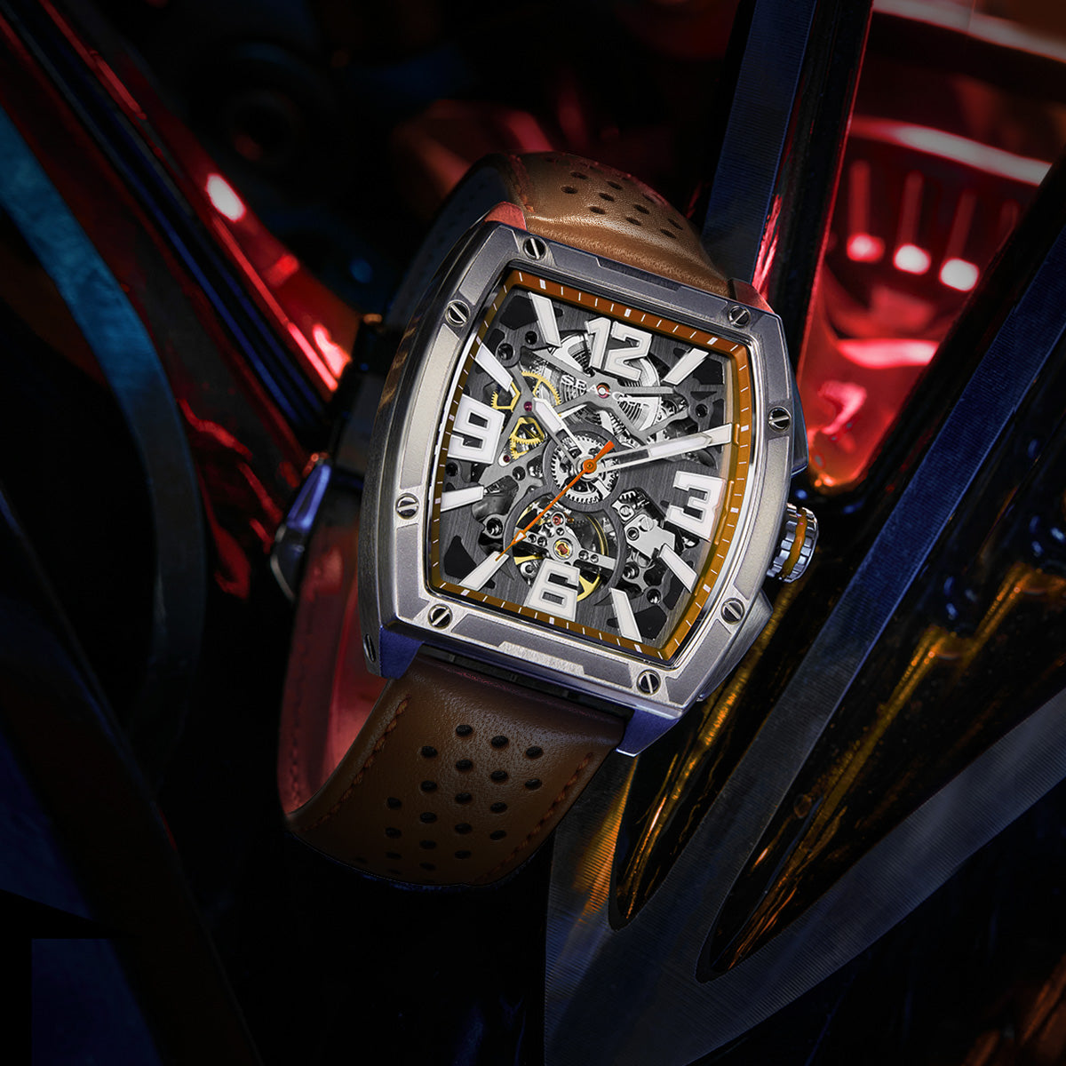 Seagull x CN Racing Team Collaboration Tonneau Dial Skeleton Watch 42mm