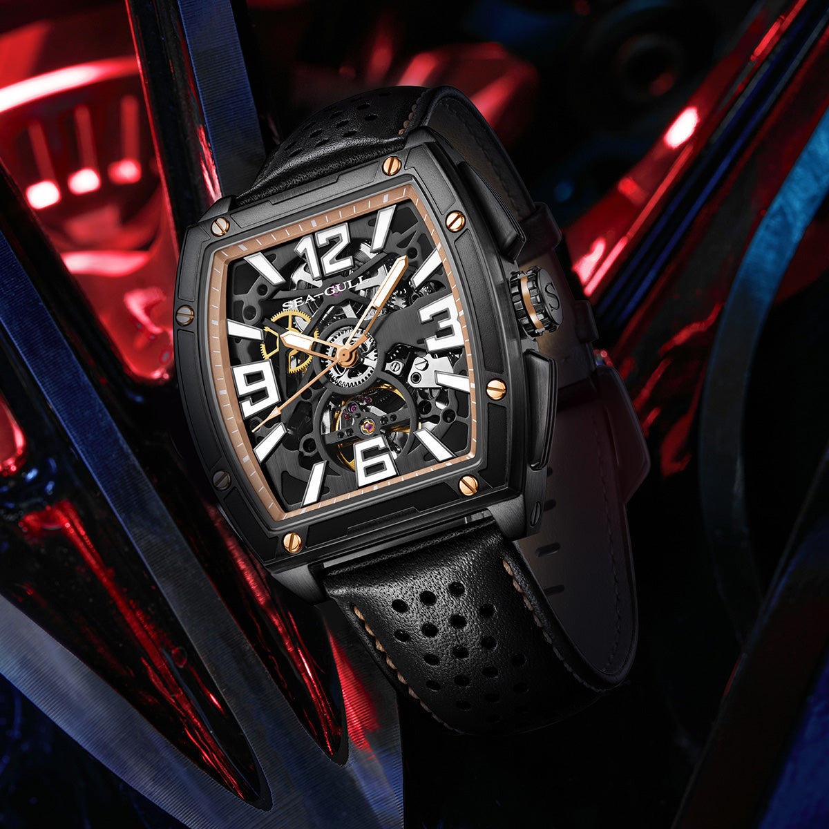 Seagull x CN Racing Team Collaboration Tonneau Dial Skeleton Watch 42mm