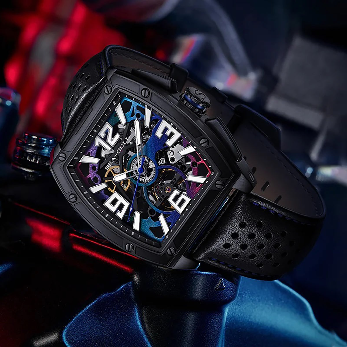 Seagull x CN Racing Team Collaboration Tonneau Dial Skeleton Watch 42mm