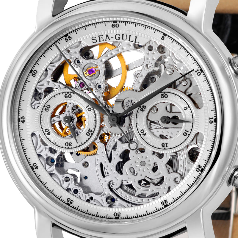 Seagull Column-wheel Chronograph Open-worked Dial Skeleton Watch 41mm