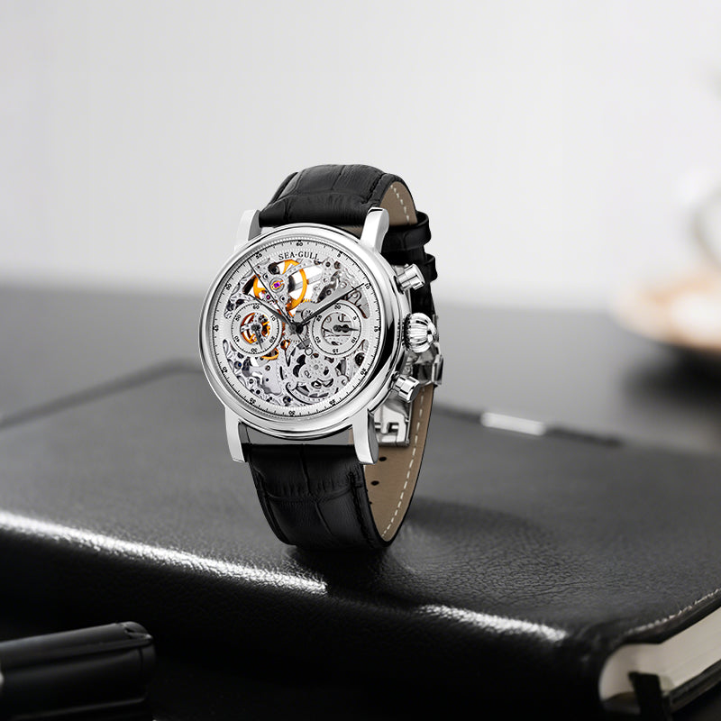 Seagull Column-wheel Chronograph Open-worked Dial Skeleton Watch 41mm