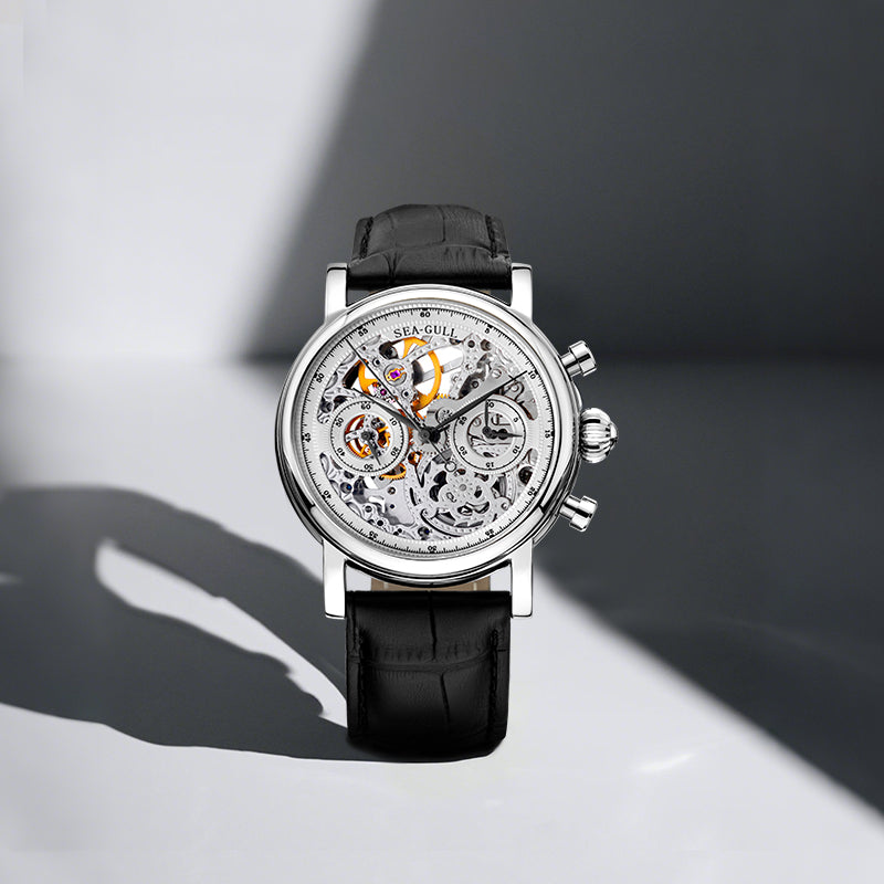 Seagull Column-wheel Chronograph Open-worked Dial Skeleton Watch 41mm